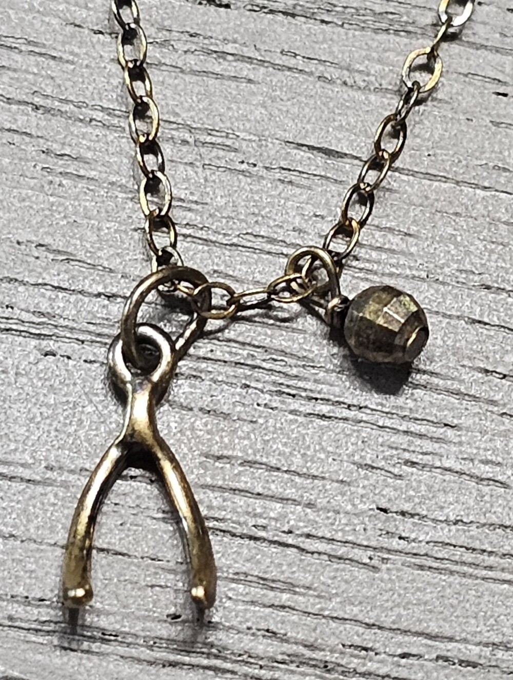 Y2K Gold Tone Wishbone Necklace Minimalist Lucky Charm Disco Ball Charm